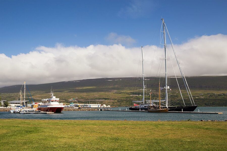 Akureyri harbour in 2016 with mountains in the backdrop