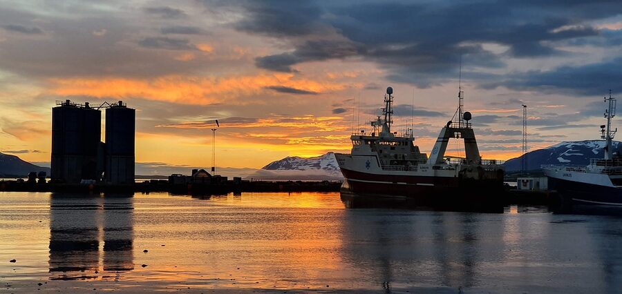 Sunset over Akureyri harbour with cruise ships at the dock