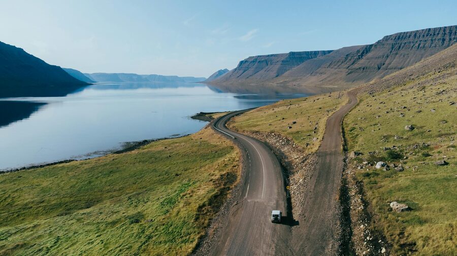 Empty road through north Iceland landscape