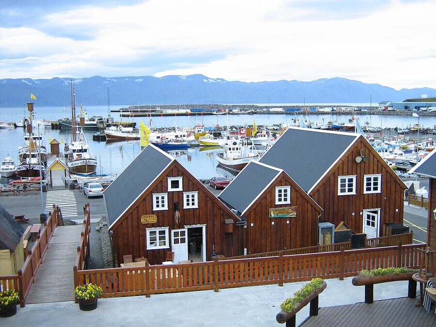 Husavik harbour with whale watching boats
