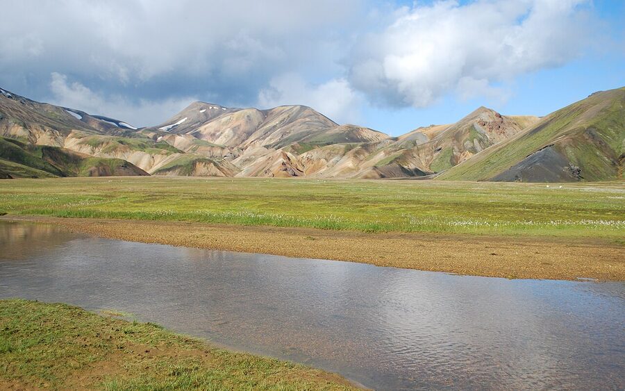 Colourful peaks and green moss of Landmannalaugar in summer