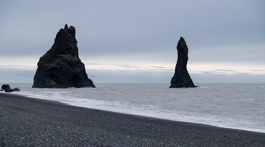 Reynisdrangar basalt sea stacks at Reynisfjara South Iceland