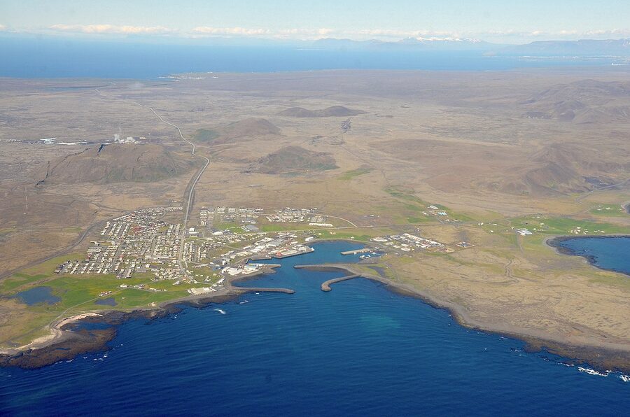 Aerial view of Grindavik town and the Reykjanes peninsula