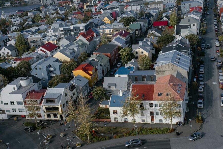 Colourful Reykjavik rooftops on a residential street