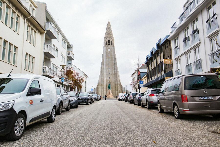 Hallgrímskirkja at the end of a Reykjavik street