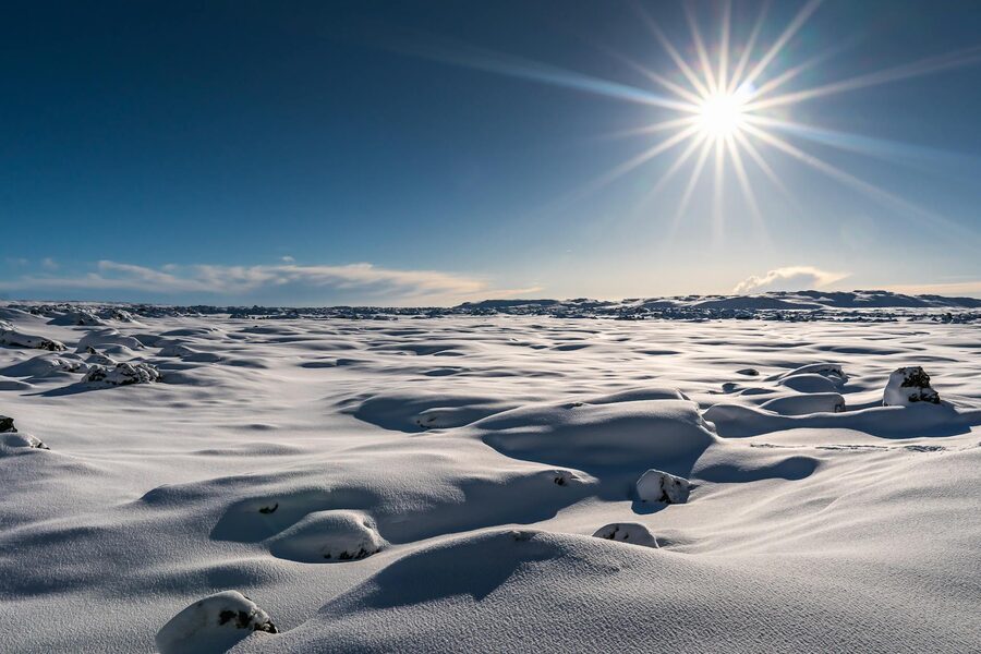 Winter scene in Iceland with snow and low sun