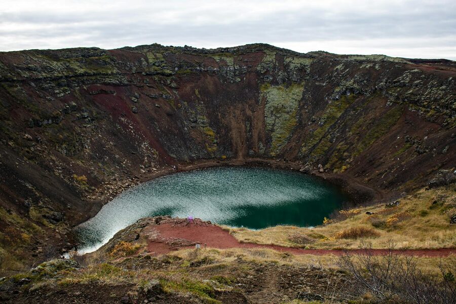 Bright green water in the Kerid crater lake
