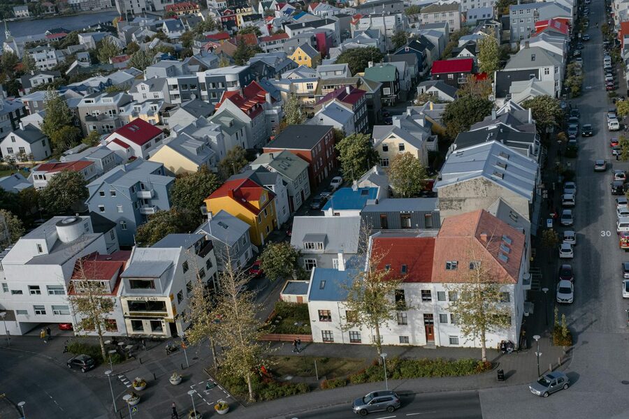 Aerial view of colourful rooftops in central Reykjavik