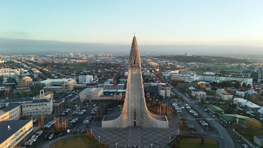 Hallgrímskirkja and Reykjavik from the air at dawn in winter