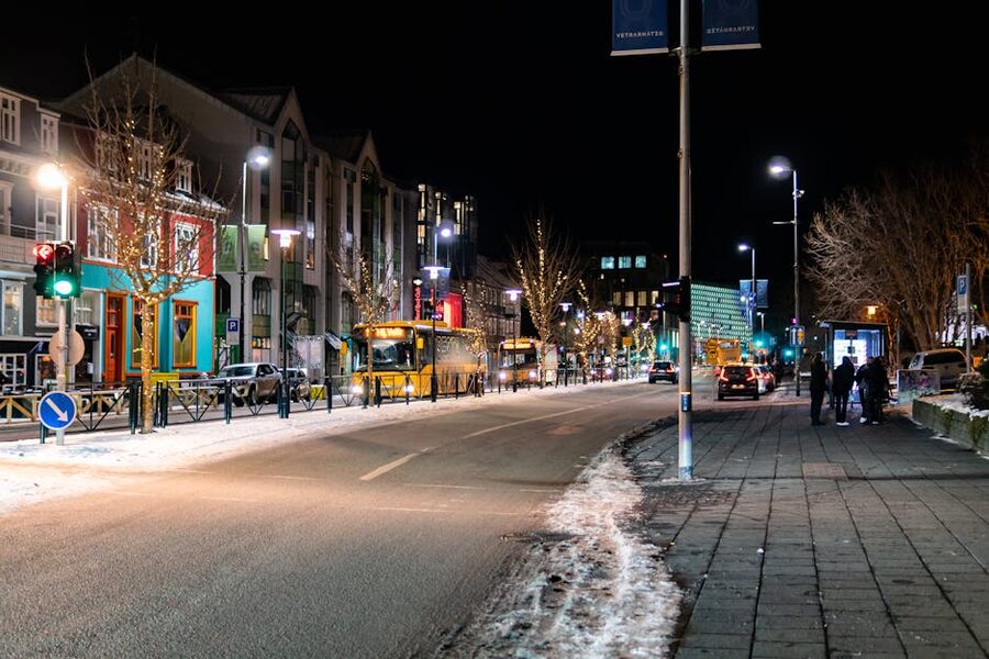 A Reykjavik street decorated with Christmas lights in the snow