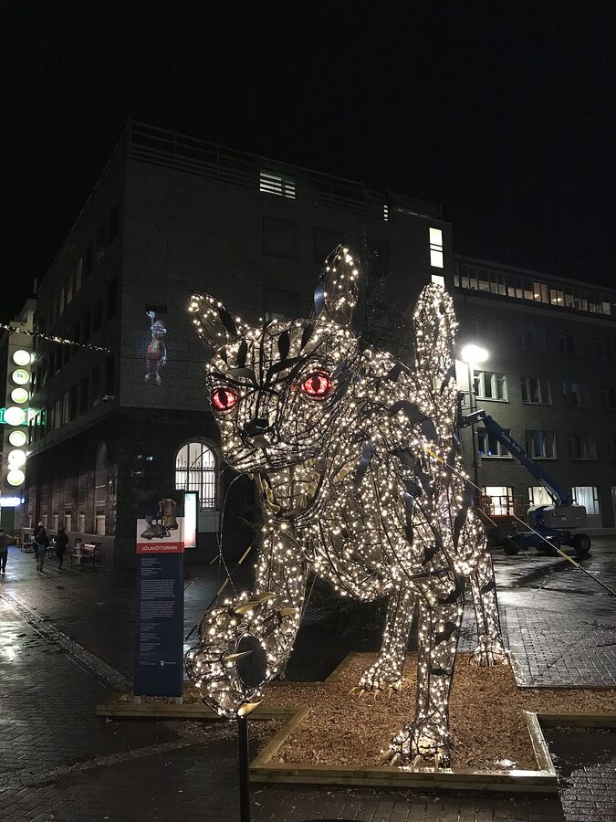 The giant Yule Cat light sculpture on Lækjartorg in Reykjavik