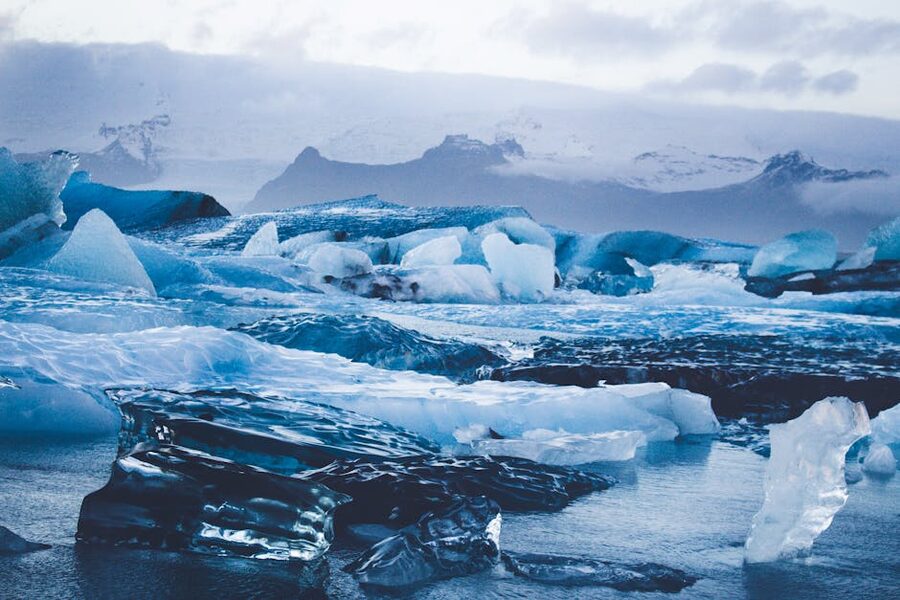 Icebergs floating in Jokulsarlon glacier lagoon Iceland in winter
