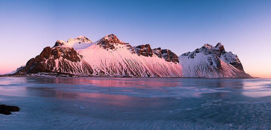 Vesturhorn mountains in Iceland in winter at sunrise