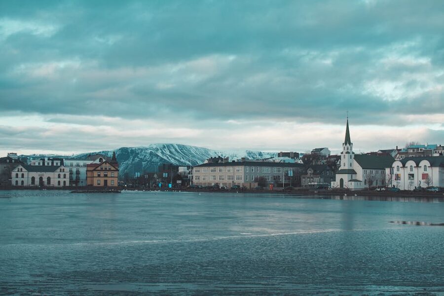 Reykjavik and Tjornin lake in winter