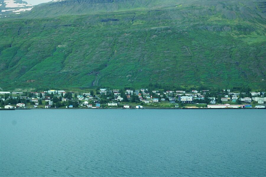 Faskrudsfjordur fishing village from across the fjord East Iceland