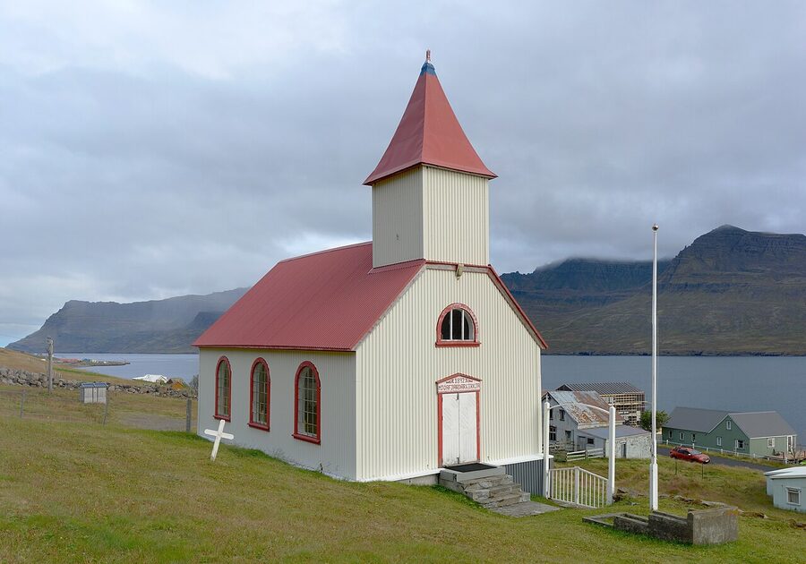 Mjoafjardarkirkja the small wooden church at Mjoifjordur East Iceland