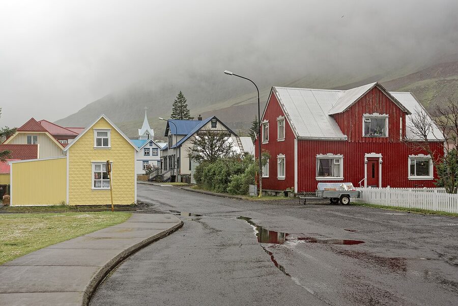 Aerial view of Seydisfjordur village at the head of its fjord
