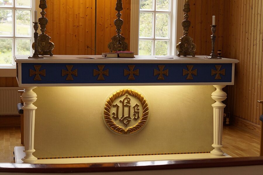 Interior of Seydisfjardarkirkja the blue church in Seydisfjordur
