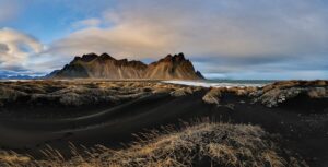 Vestrahorn mountain rising over Stokksnes black sand beach in East Iceland