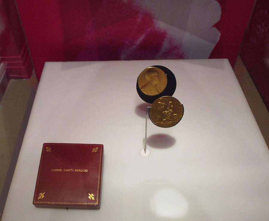 Close up of a Nobel Prize medal for literature