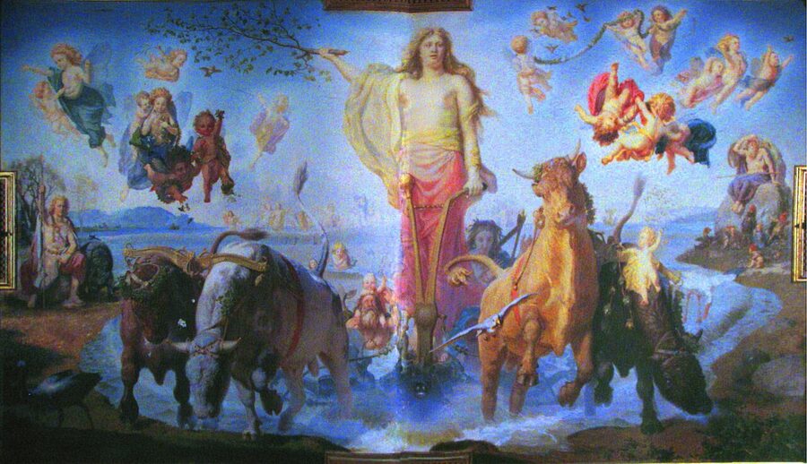 Painting of Gefjon ploughing the earth from Snorri's Edda mythology