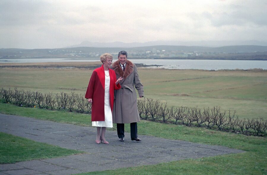 President Ronald Reagan walks with President Vigdís Finnbogadóttir of Iceland during the 1986 Reykjavik Summit