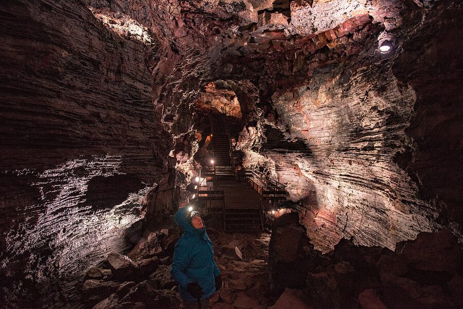 Inside Raufarholshellir lava tunnel in Iceland
