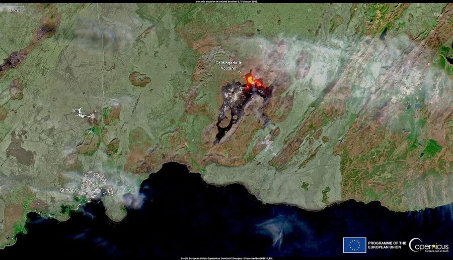 Satellite view of a new volcanic eruption on the Reykjanes Peninsula