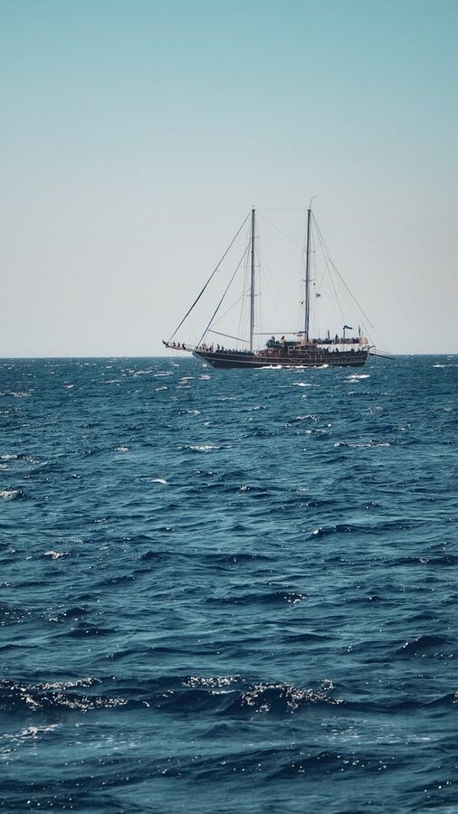 Traditional oak whale watching boat at sea