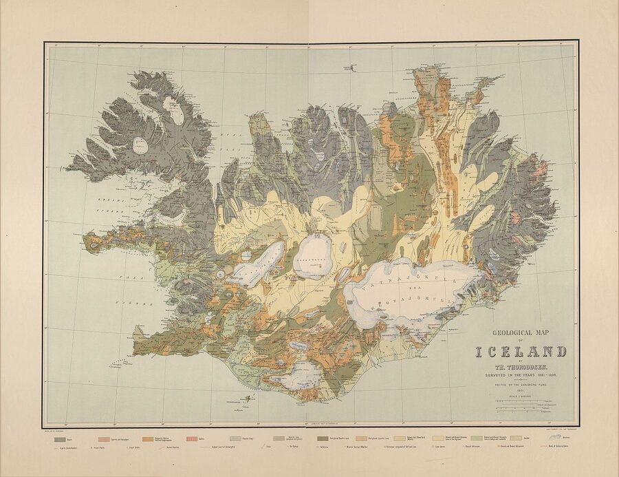 Historical 1901 geological map of Iceland by Thorvaldur Thoroddsen