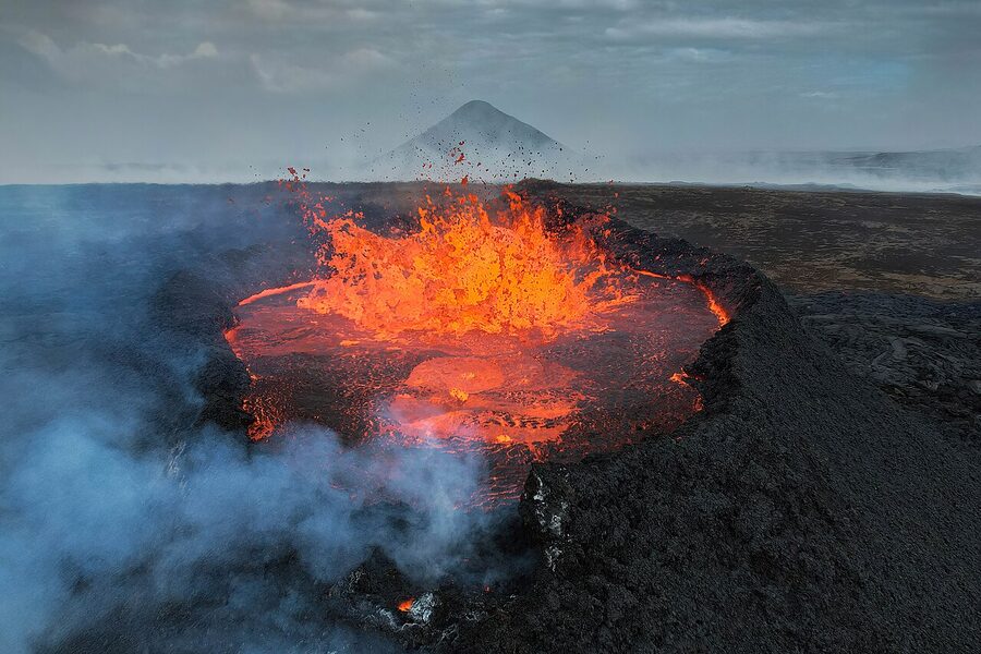 Fagradalsfjall eruption lava flow at night Iceland