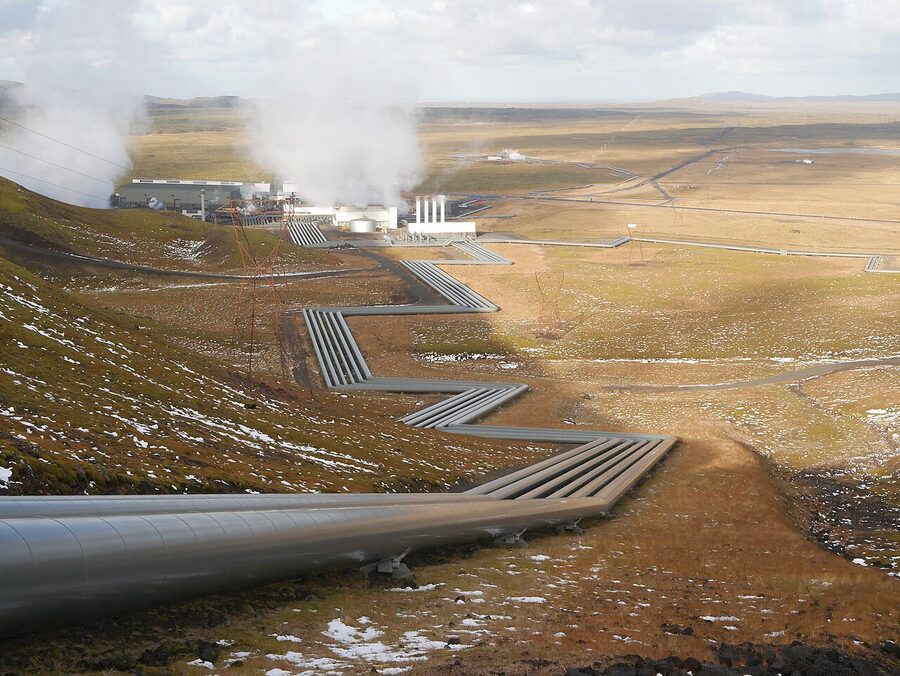 The Hellisheidi geothermal power plant in southwest Iceland with steam plumes
