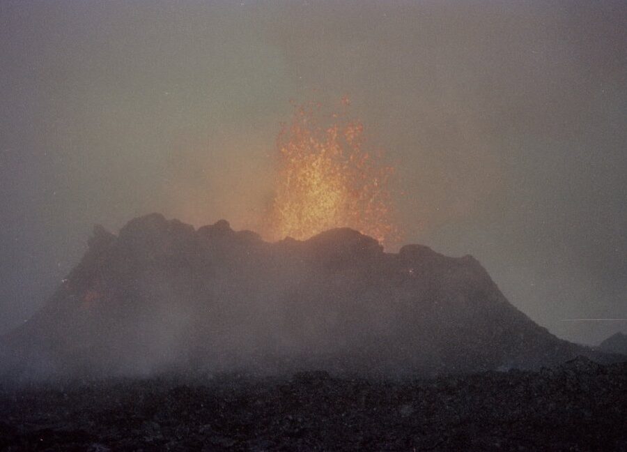Lava fountains at the Krafla fires fissure eruption in September 1984, north Iceland