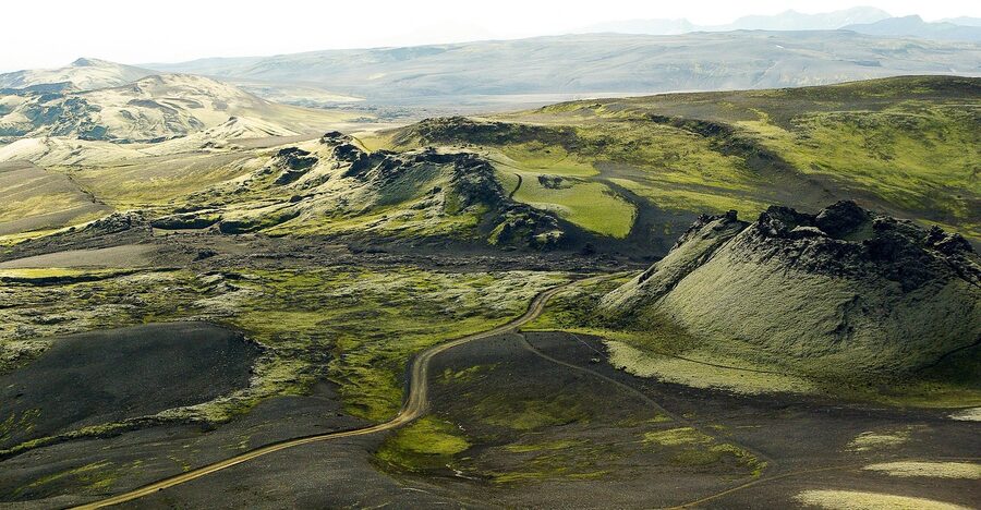 Aerial view of basalt lava field and Vatnajokull glacier in the Iceland highlands