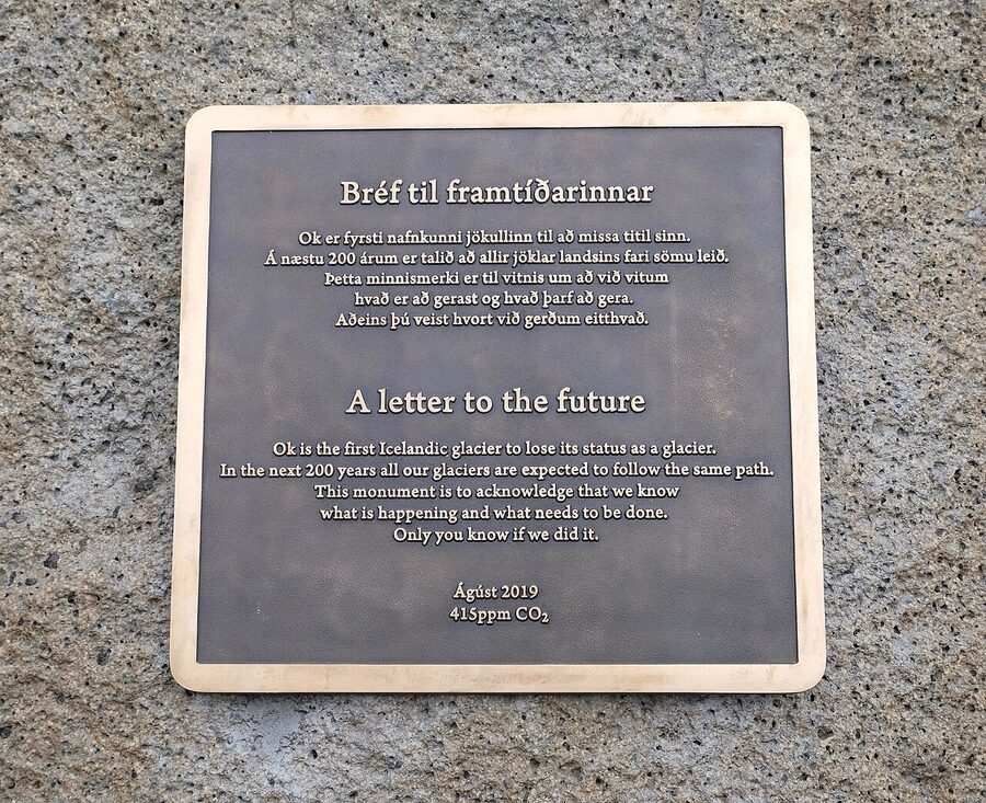 The Okjokull memorial plaque on rock in west Iceland