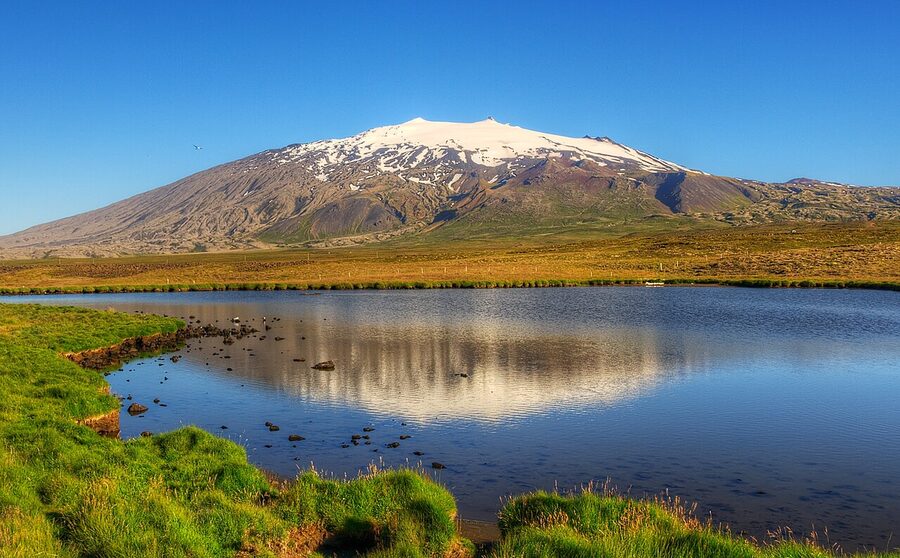 The Snaefellsjokull glacier covering its conical volcano, west Iceland