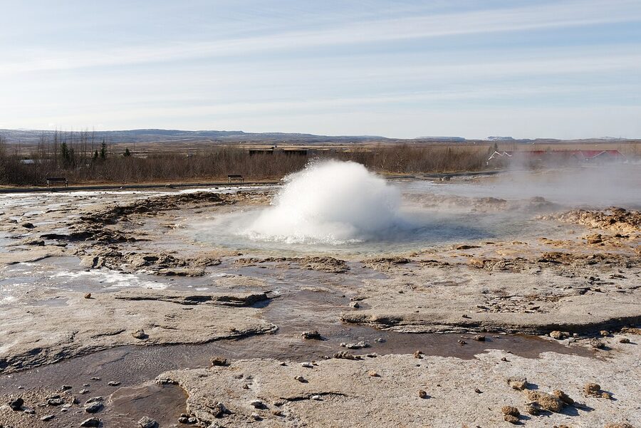 Strokkur geyser erupting in the Haukadalur geothermal field on the Golden Circle, Iceland