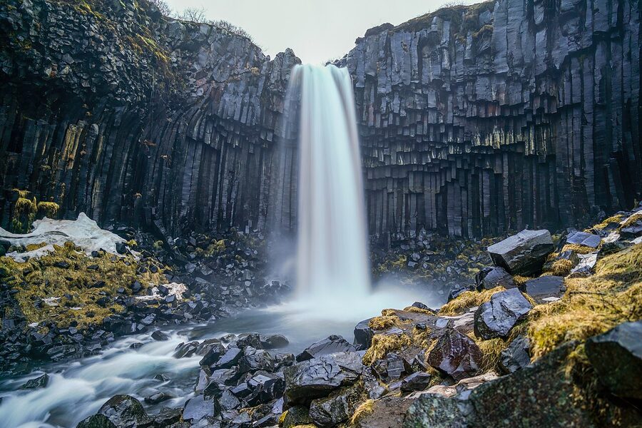 Svartifoss waterfall framed by columnar basalt in Skaftafell, Iceland