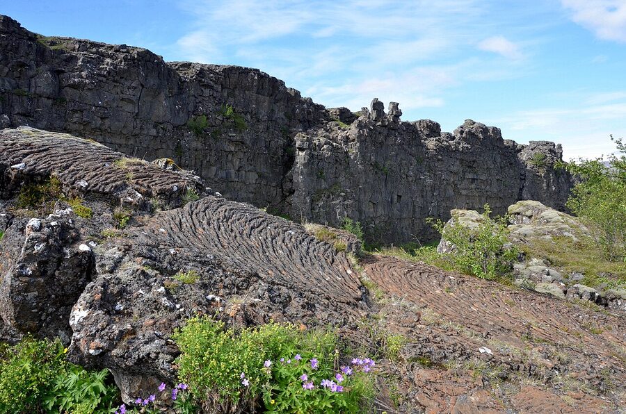 The Almannagja gorge cutting through the basalt at Thingvellir National Park, Iceland