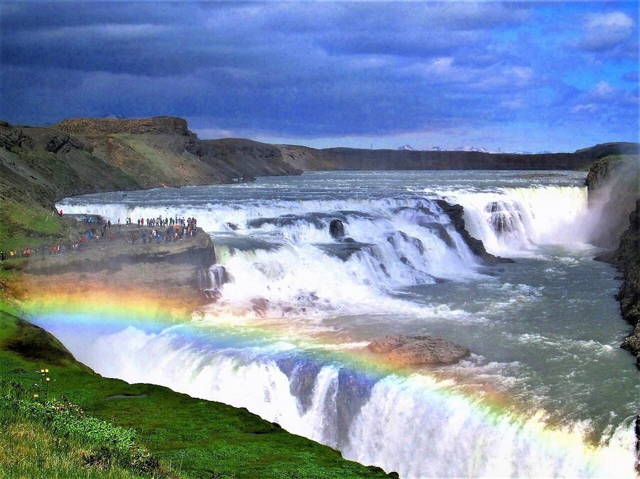 Gullfoss waterfall with summer rainbow