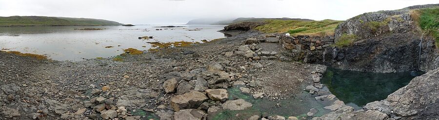 The Hellulaug natural hot spring pool overlooking Vatnsfjordur in the Westfjords