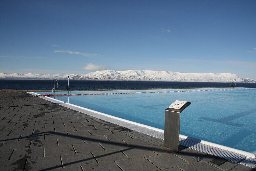 Hofsos infinity-edge swimming pool overlooking the sea in north Iceland