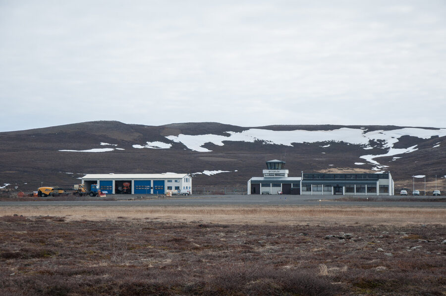 Husavik fishing village and harbour from above, Iceland