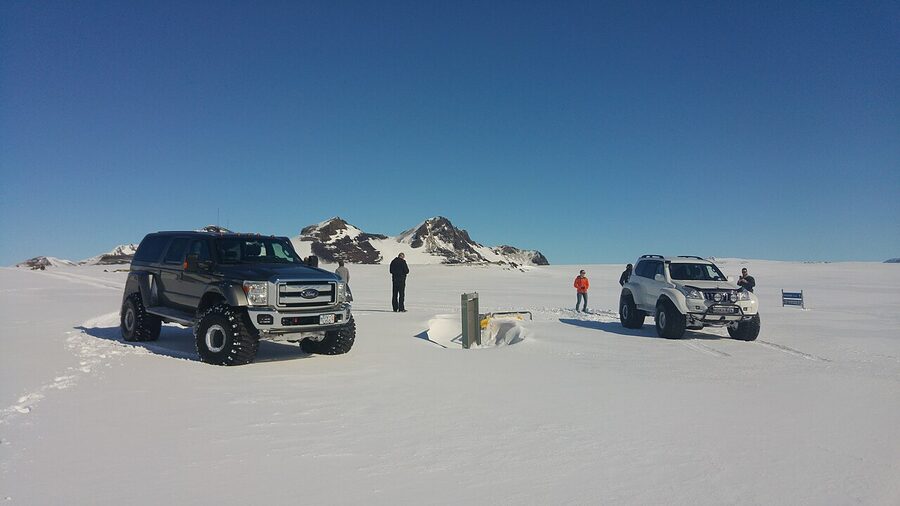 Super-jeep climbing the Icelandic glacier moraine