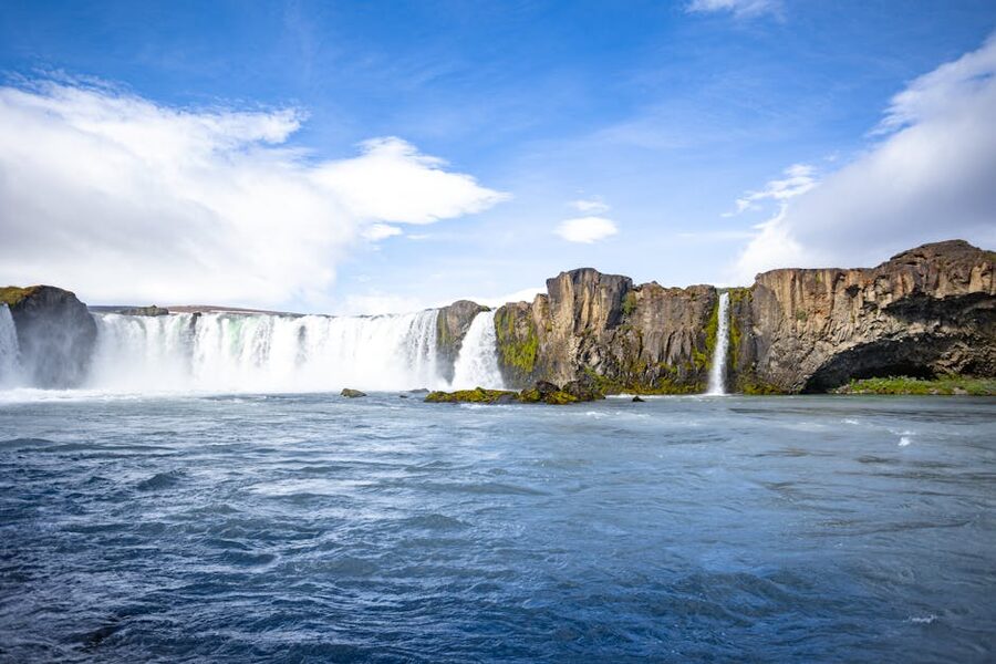 Godafoss waterfall under clear blue sky in north Iceland