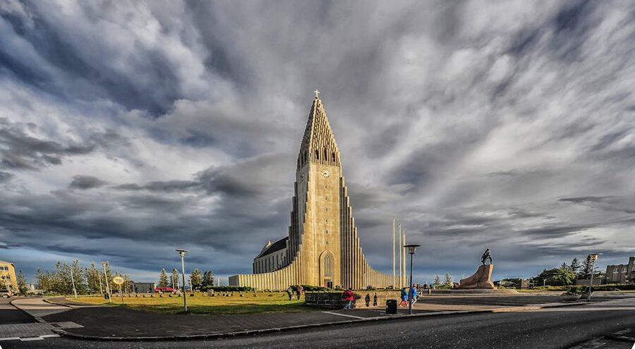 Hallgrimskirkja church under dramatic clouds in Reykjavik