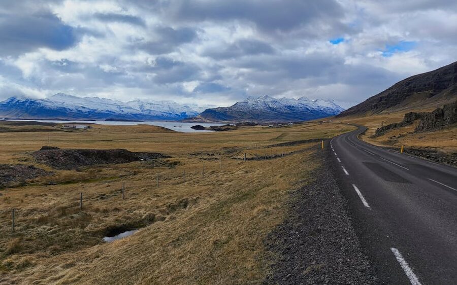 Winding road through Thingeyjarsveit valley in north Iceland
