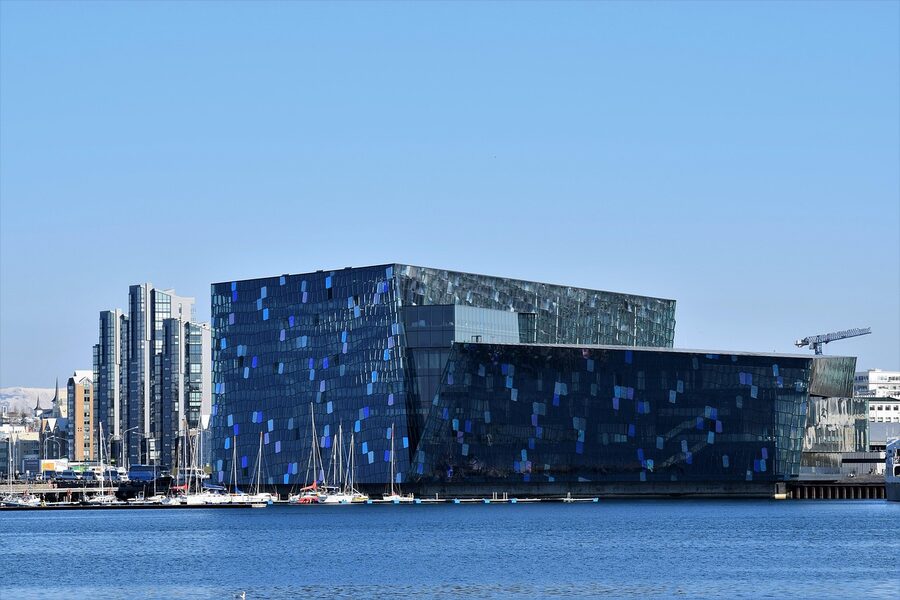 Harpa concert hall and Reykjavik harbour Iceland