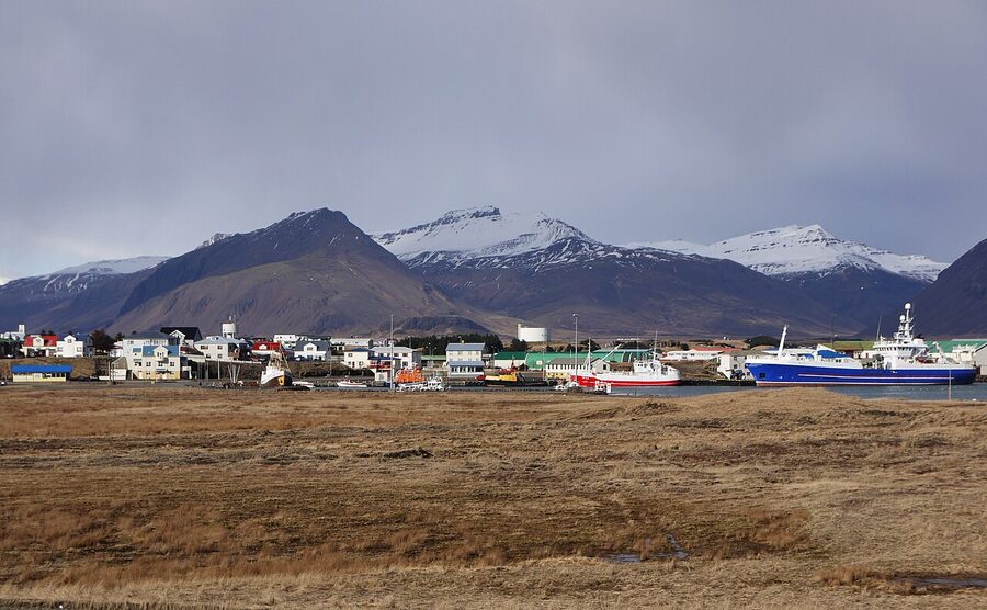 Hofn harbour with mountains east Iceland