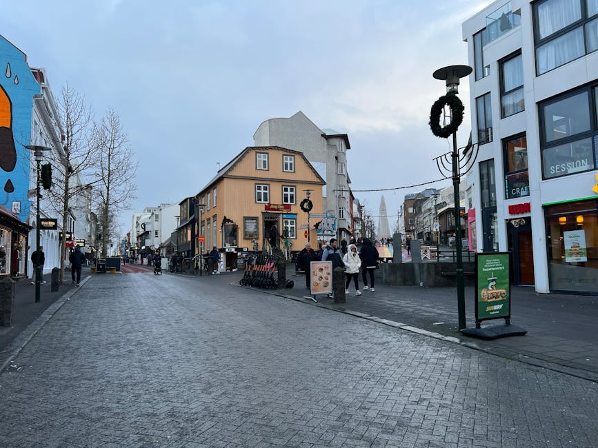 Laugavegur street in Reykjavik with people and shops